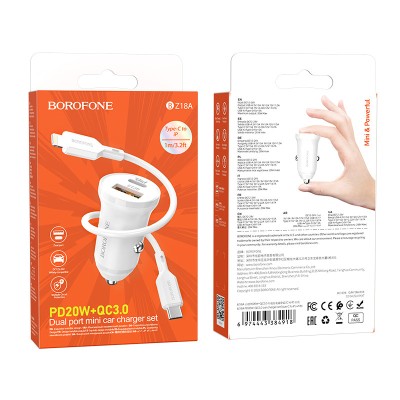 Incarcator Auto pentru Telefon / Tableta - USB-C, TYPE C - PD 20W QC 3.0 18W, Cablu Tip C la Tip Lightning, Borofone BZ18A - Alb foto