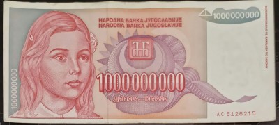 Bancnota 1000000000 dinari Yugoslavia 1993 foto