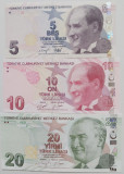 Bancnota Turcia 5, 10 si 20 Lire 2009 (2020-22) - P222-224 UNC ( set x3 )