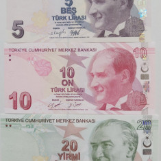 Bancnota Turcia 5, 10 si 20 Lire 2009 (2020-22) - P222-224 UNC ( set x3 )