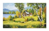 Tablou pictat manual, Peisaj de la munte, o zi minunata, 100x60cm ulei pe panza, gata de expus pe perete