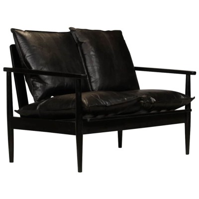 vidaXL Canapea cu 2 locuri, piele naturală cu lemn de acacia, negru 246483 foto