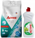 Detergent pudra pentru rufe albe Active, sac 5kg, 68 spalari + Detergent de vase lichid Active, 0.5 litri, mar