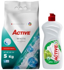 Detergent pudra pentru rufe albe Active, sac 5kg, 68 spalari + Detergent de vase lichid Active, 0.5 litri, mar foto