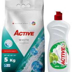 Detergent pudra pentru rufe albe Active, sac 5kg, 68 spalari + Detergent de vase lichid Active, 0.5 litri, mar