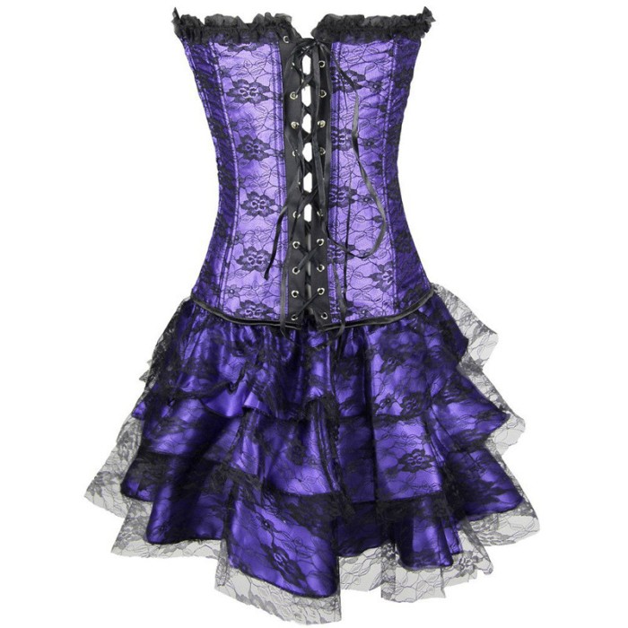 D87-10 Set 3 piese corset elegant cu plasa florala si fusta