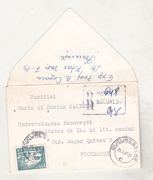 bnk div Plic circulat recomandat Boris Cazacu - Stefan Cazimir 1967