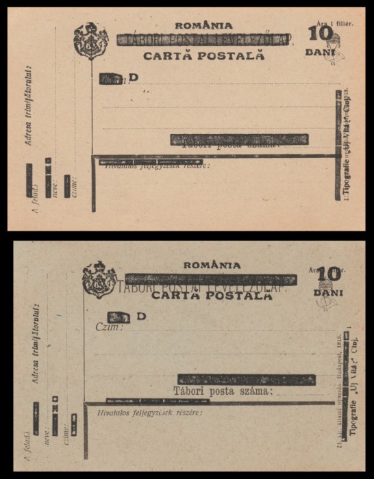 1919 Romania - 2 CP maghiare supratiparite romana 10 Bani negru, erori varietati