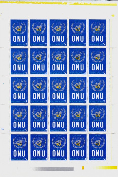 ✅RO 1985 LP 1141 ,&quot;40 ani de la infiintarea O.N.U. &quot; , serie in coala completa de 25 ,MNH - posibile mici cute la colturile colii