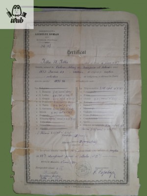Certificat de absolvire a clasei a 6-a eliberat de Liceul roman din Bitolia 1896 foto