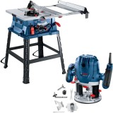 Bosch GTS 254 + GOF 130 - Fierastrau circular de masa 1800 W 254 mm + Masina de frezat 1300 W 6 8 mm accesorii