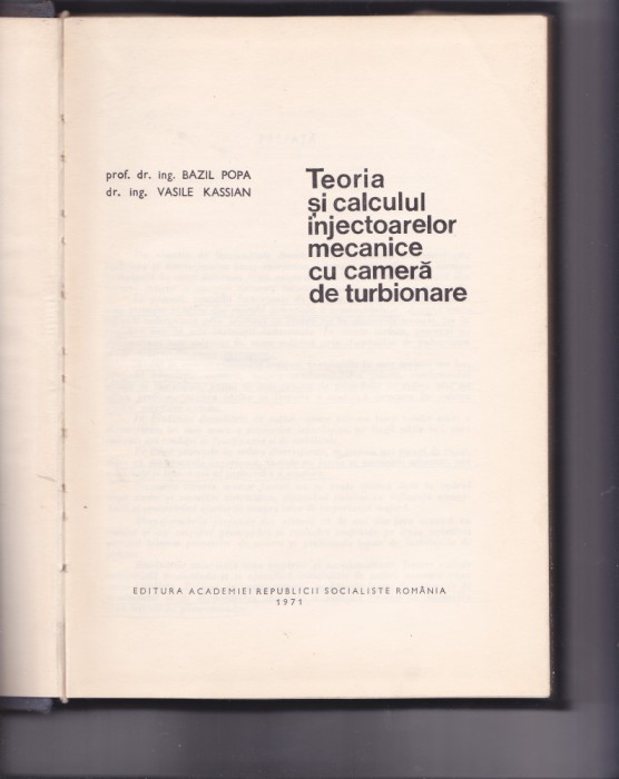 Teoria Si Calculul Injectoarelor Mecanice Cu Camera De Turbionare - Bazil Popa