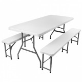 Set mobilier, masa pliabila alba si 2 bancute pliabile, pentru gradina, camping sau pescuit, tip valiza, JollyMag, SC11