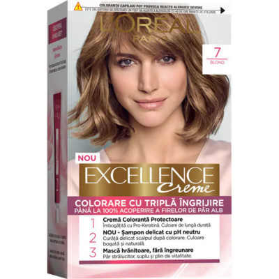 Vopsea de Par Permanenta L&amp;#039;OREAL Paris Excellence Creme 7, Blond, 192 ml, Cu Amoniac, Vopsea de Par, Vopsea de Par Permanenta, Vopsea de Par L&amp;#039;OREAL, foto