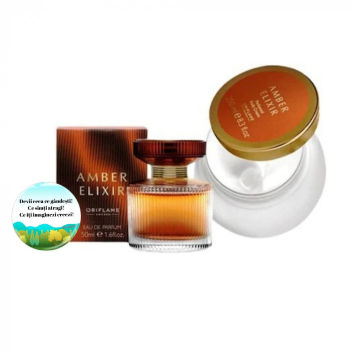 Set complet pentru Ea Amber Elixir (apa de parfum, crema de corp), insotit de insigna Dactylion cu mesaj motivational