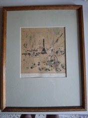 Litografie color/carton,&quot;Chianti&quot;,semnata indescifrabil,rama/paspartu,sticla,36x28,5cm