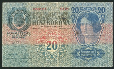 q481 UNGARIA ROMANIA 20 KORONA 1913 prima emisiune CU TIMBRU SPECIAL STAMPILAT IN TRANSILVANIA VF foto