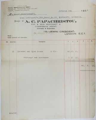FACTURA EMISA DE A.C. PAPACHRISTOU , NEGUSTOR LONDONEZ DE BLANURI , UNUI CLIENT BUCURESTEAN , 5 OCTOMBRIE , 1937 foto