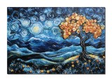 Tablou pictat manual, Noapte instelata, copacul vietii, 100x70cm ulei pe panza, Valentin Pop