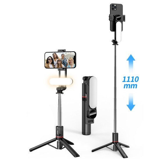 Selfie Stick Stabil cu Lumini LED Portabil, 114cm - Techsuit (L15) - Black