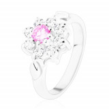 Inel de culoare argintie, floare din zirconiu roz şi zirconii transparente, frunze mici - Marime inel: 52