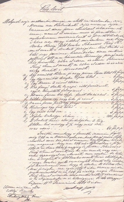 A3770N Act de v&acirc;nzare a unor bunuri (perne, ceas, mobilă și altele), T&acirc;rgu Lăpuș, 1861, limba maghiară/Magyar nyelvű k&ouml;z lev&eacute;l, Magyarlapos, 1861