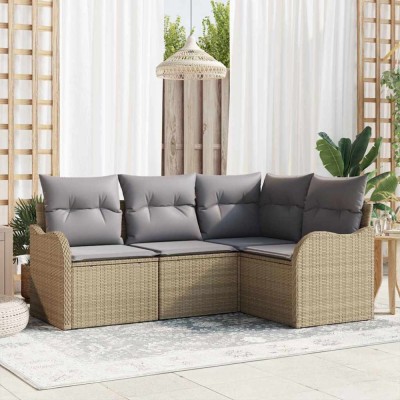 vidaXL Set de canapele pentru grădină cu pernă 4 pcs Bej Rattan poli foto