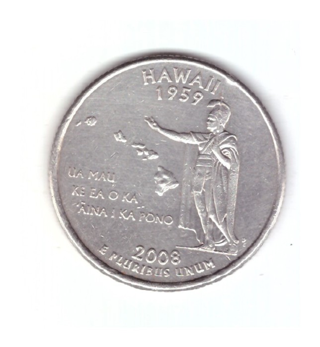 Moneda SUA 25 centi/quarter dollar 2008 P, Hawaii 1959, stare buna, curata