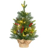 HOMCOM Brad de Crăciun de masă 60 cm cu 20 lumini LED 141 ramuri 5 conuri 5 buchete de bobițe roșii și suport metalic Verde | Aosom Romania