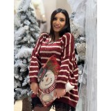 Bluza dama bordo tricotata cu dungi bej, anchior si aplicatii din pietricele