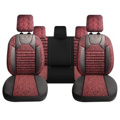 Set Huse Scaune Auto Panda Kas, material textil cu piele ecologica, cu fermoare pentru bancheta rabatabila, visiniu cu negru, 11 piese Automobile ProT foto