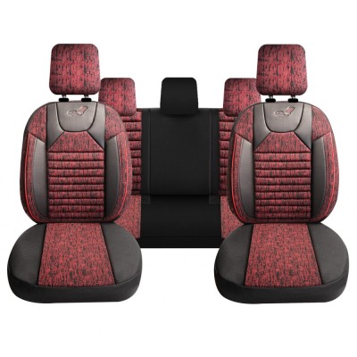 Set Huse Scaune Auto Panda Kas, material textil cu piele ecologica, cu fermoare pentru bancheta rabatabila, visiniu cu negru, 11 piese Automobile ProT foto