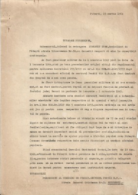 A3631N Memoriu, 1964, Pitești, adresat autorităților referitor la pierderea pensiei de către un ofițer superior, fost prefect de județ &amp;icirc;n 1941 foto