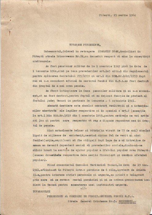A3631N Memoriu, 1964, Pitești, adresat autorităților referitor la pierderea pensiei de către un ofițer superior, fost prefect de județ &icirc;n 1941