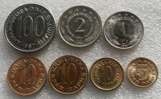 P1. Iugoslavia lot 5 para 1965 + 10 para 1976 1979 1990 + 1 dinar 1976 + 2 dinara 1971 + 100 1987 unele aUNC **