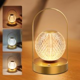 Lampa de masa LED sfera cristal, EXTRASTAR, reincarcabila, touch, reglabila, 3 temperaturi culoare, maner metalic auriu