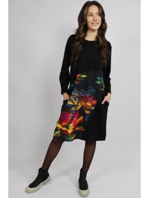 ROCHIE MIDI CU BUZUNARE SI MANECA LUNGA INSERTIE PRINT DRAGONFLY VALLO TALIE UNICA Multicolora foto