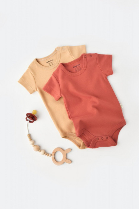 Set 2 body-uri bebe unisex -100% bumbac organic - Mustar/ Scortisoara, BabyCosy (Marime: 6-9 luni)