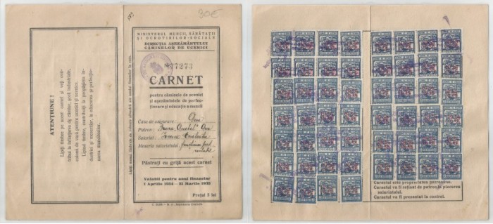 Romania, Ministerul Muncii, Sanatatii si Ocrotirilor Sociale, Carnet 2 pentru caminele de ucenici, Deva, 1934