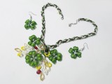 Set verde bijuterii noroc Trifoi cu 4 foi, colier, cercei, set unicat