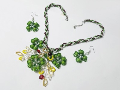 Set verde bijuterii noroc Trifoi cu 4 foi, colier, cercei, set unicat foto
