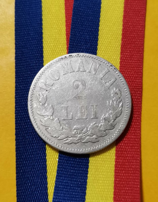 SV * Romania 2 LEI 1873 * ARGINT. 835 * Regele Carol I * avers destul de clar! foto