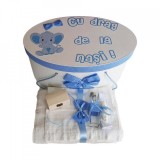 Set cutie trusou personalizata si trusou botez decor carouri si elefantel,