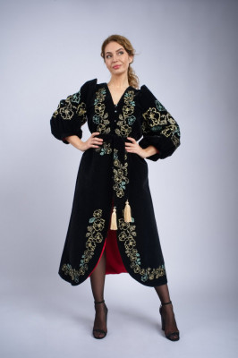 Rochie eleganta midi neagra din catifea cu broderie cu model traditional Konia foto