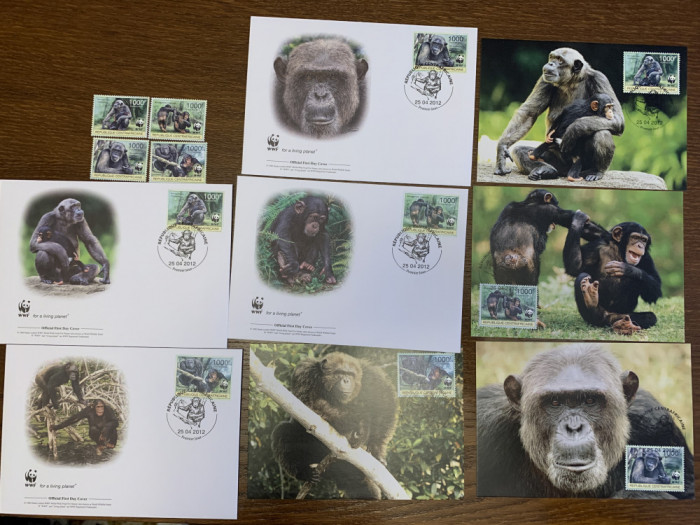 Rep. Centrafricana - maimute - cimpanzeu - serie 4 timbre MNH, 4 FDC, 4 maxime