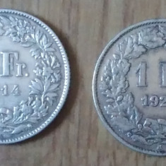 Lot 2 monede argint 1 franc 1914 și 1920 Elveția