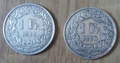 Lot 2 monede argint 1 franc 1914 și 1920 Elveția foto