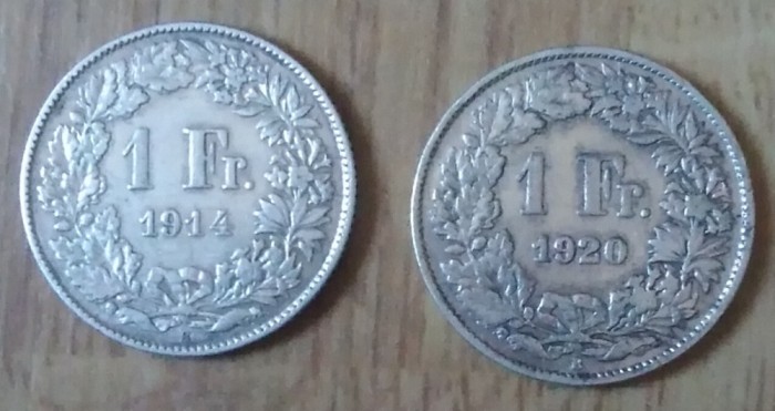 Lot 2 monede argint 1 franc 1914 și 1920 Elveția