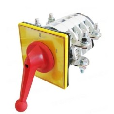 Intrerupator industrial cu came incastrabil Koncar ON-OFF 3P 400A 0-1 IP40 cu placa galbena de urgenta 132x132mm si maner rosu