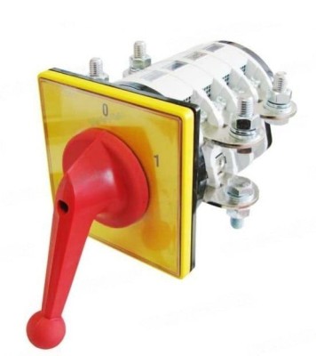 Intrerupator industrial cu came incastrabil Koncar ON-OFF 3P 400A 0-1 IP40 cu placa galbena de urgenta 132x132mm si maner rosu foto
